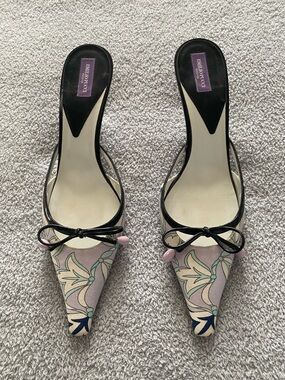 Emilio Pucci Pastel Floral Pointed-Toe Mules with Black Trim